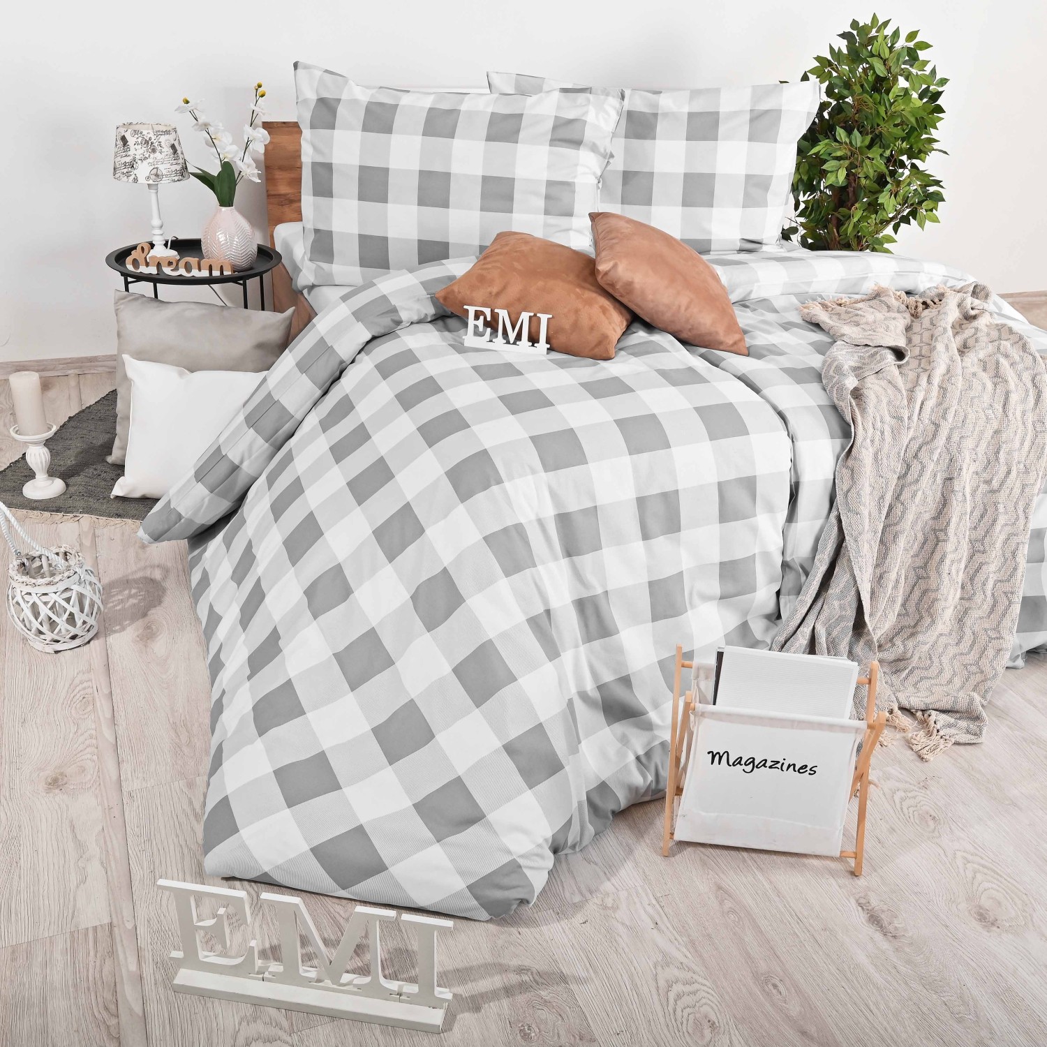 Moderna siva posteljnina Istra EMI karo iz 100% bombaža deluxe